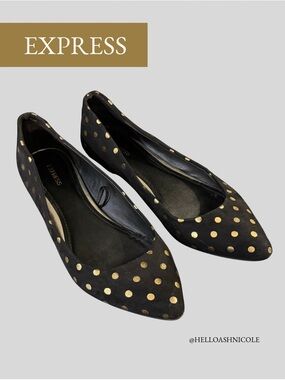 Express Black Pointed Toe Flats with Gold Polka Dots